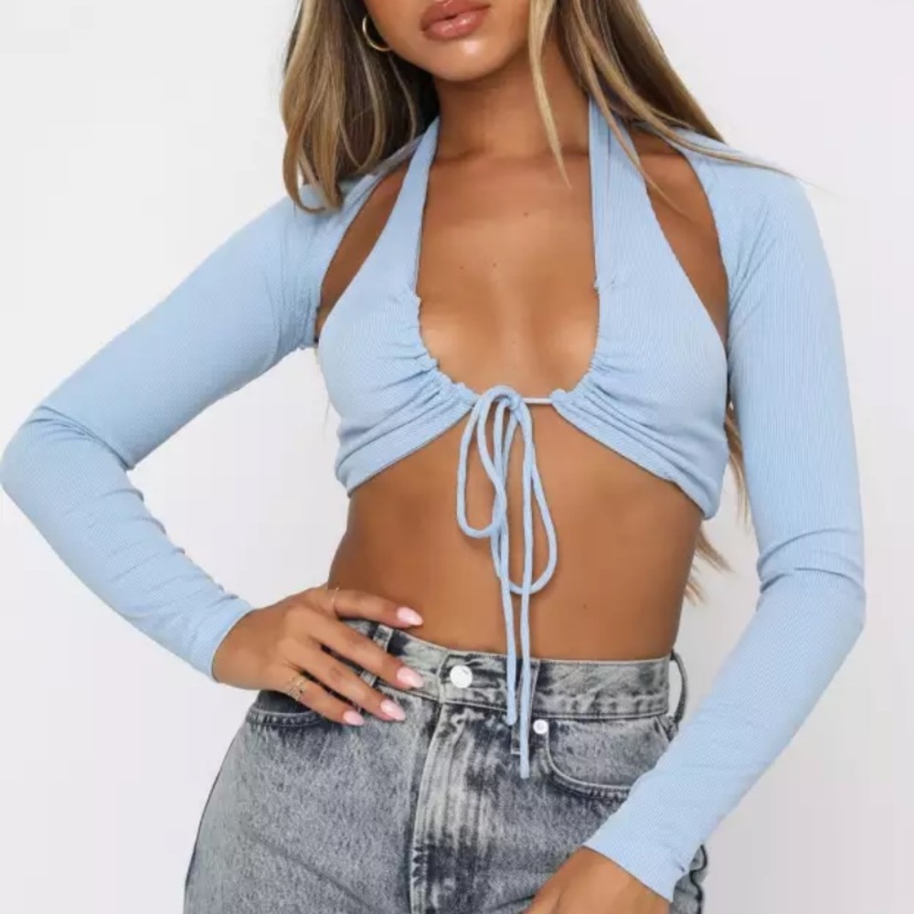 Two-Piece Drawstring Rib Halter Crop Top - Picture 2 of 4